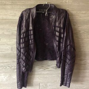Blanc Noir purple real leather jacket with lace